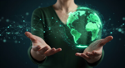 Poster - Woman holding illuminated globe with connections in hands, global network concept for business, technology network with green colors, for presentation
