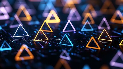 Aufkleber - Glowing neon triangles floating on dark background with bokeh effect create futuristic geometric pattern for technology and digital design concepts.