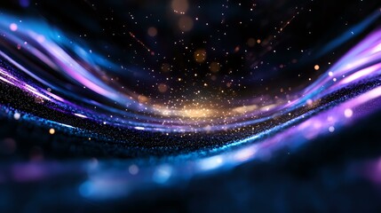 Poster - abstract cosmic background with glowing blue and purple light waves, golden particles, and bokeh eff