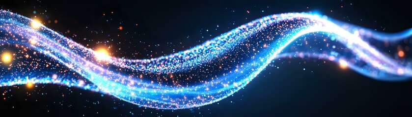Poster - Glowing magical wave with sparkling blue and purple light particles flowing on dark background creating luminous ethereal effect for festive design.
