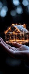Poster - Glowing golden house outline floating above open palms with magical sparkles and light particles against dark background, creating ethereal real estate concept.