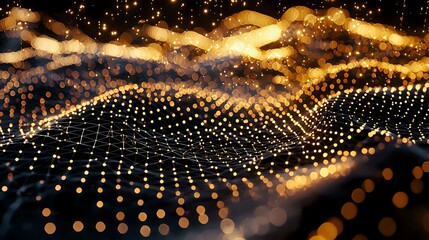 Aufkleber - Abstract golden light waves with glowing particles and bokeh effect creating dynamic flowing network pattern against dark background.