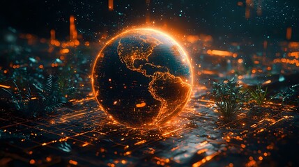 Poster - glowing orange earth hologram with sparks and particles floating in dark space environment, digital 