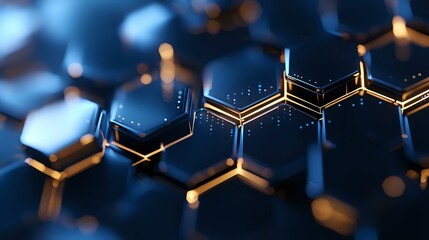 Poster - Glowing molecular structure with hexagonal shapes in dark blue and gold colors creates futuristic scientific background with depth of field effect.