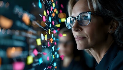 Poster - Mature businesswoman analyzing colorful data visualization on transparent display, wearing glasses in dark office environment with digital interface elements.