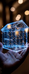 Poster - Glowing blue holographic ancient Greek temple floating above palm with sparkling particles and bokeh background, representing digital transformation and innovation.