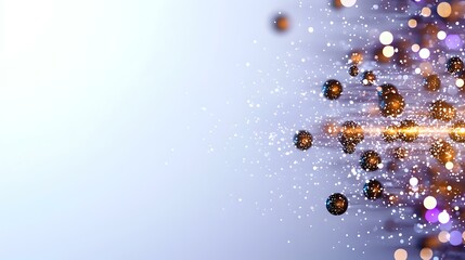 Poster - Magical glowing particles with golden sparkles and purple bokeh lights on soft gradient background create dreamy atmospheric effect.