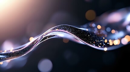 Poster - Glowing curved lines with sparkles and bokeh effects on dark background create magical atmosphere. Abstract light waves flow with luminous particles.