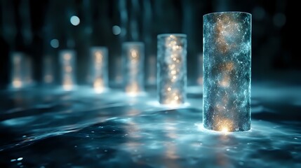 Poster - Magical glowing glass cylinders with sparkling lights and stardust floating in mystical blue atmosphere creating ethereal scene with reflective surface.