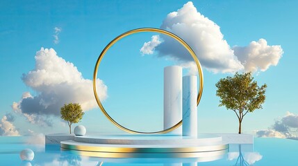 Poster - Abstract blue composition featuring drifting clouds and a modern, clean circular backdrop.