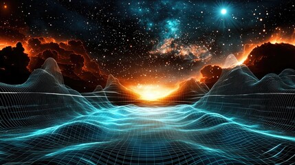 Poster - Abstract cyber particles glowing in a fluid wave pattern against a deep-space backdrop.