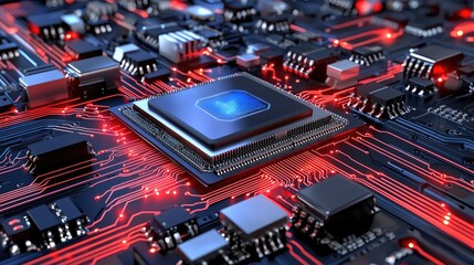 Poster - Abstract digital technology background with microchip-inspired design, cyber blue hues, and AI data flow.