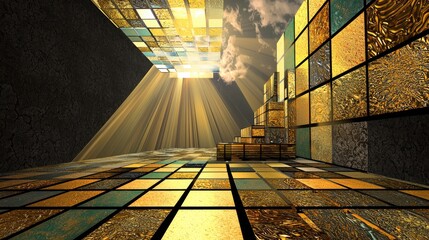 Poster - abstract golden diagonal rays illuminating a dark space with rich, glowing elegance.