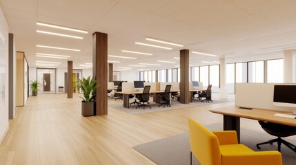 Poster - Modern office interior with workstations, plants, and natural light creating a productive atmosphere