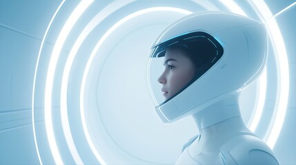 Poster - Futuristic female in space helmet with neon lights
