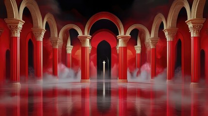 Poster - Abstract red fog enveloping curved archways, a cinematic fusion of mystery and grand architecture.