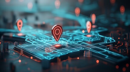 Poster - Digital map with location pins overlaid on circuit board