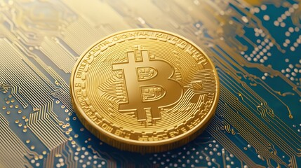 Poster - Golden bitcoin coin on circuit board background