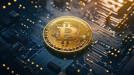 Poster - Golden bitcoin on circuit board with digital elements