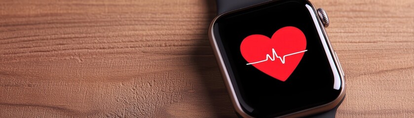Poster - Heart rate display on smartwatch with wooden background