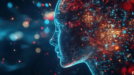 Poster - Futuristic health tech interface displays 3D human model. Data visualizations, graphs cover background. Advanced medical analysis. Futuristic tech. Medical analysis in progress. Abstract anatomy