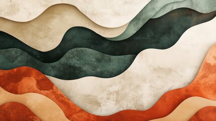 Poster - Abstract background design with wavy layers of burnt sienna ivory, sage green colors. Organic shapes create textured effect reminiscent of terrazzo mix of different materials. Modern art piece ideal