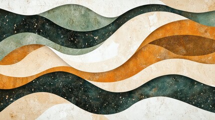 Poster - Abstract background design with wavy layers of burnt sienna ivory, sage green colors. Organic shapes create textured effect reminiscent of terrazzo mix of different materials. Modern art piece ideal
