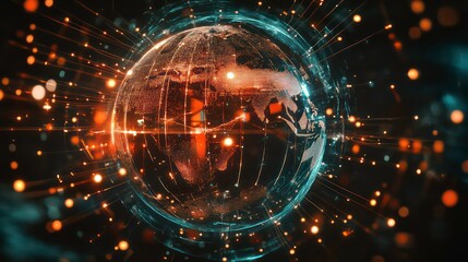 Poster - Global tech icon shows interconnected world. Globe represents global business connected by modern network lines, digital tech. Global communication represented. Digital transformation. Futuristic