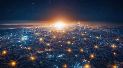 Poster - Global tech icon shows interconnected world. Globe represents global business connected by modern network lines, digital tech. Global communication represented. Digital transformation. Futuristic