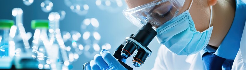 Poster - scientist using microscope in laboratory setting
