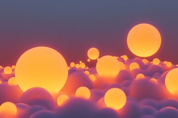 Poster - Glowing orange spheres floating above pink clouds create dreamy surreal atmosphere with soft bokeh effect and warm sunset colors. For fantasy backgrounds.