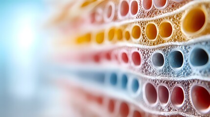 Poster - Macro view of colorful honeycomb-like cellular structure showing intricate patterns and layers with selective focus creating depth and abstract scientific background.
