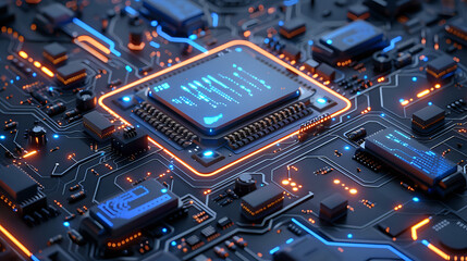 Poster - Glowing microprocessor on circuit board with orange and blue neon lighting effects, electronic components and pathways creating futuristic technology mood.