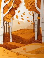 Poster - Layered paper cut autumn forest with golden leaves creating a warm and cozy atmosphere for seasonal enjoyment Generative AI