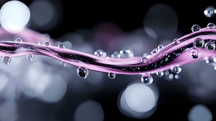 Poster - Elegant flowing pink and purple waves with crystal clear water drops against dark bokeh background, creating dynamic motion and reflection effects.