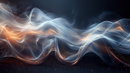 Poster - Abstract flowing waves of light in orange and blue colors against dark background create dynamic motion effect with glowing ethereal smoke-like patterns.