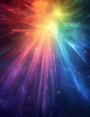 Poster - Vibrant rainbow light burst with radiating beams and sparkles on dark background creates magical cosmic effect, suitable for spiritual and celebration designs.