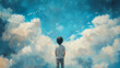 © Thiago - A solitary boy in a dreamlike sky surrounded by imaginative clouds a conceptual artwork reflecting themes of freedom hope growth and happiness in childhood. Dreamlike Growth. Illustration