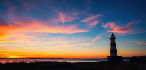 Wall Mural - solitary lighthouse silhouetted against vibrant sunset over lake neusiedl, vibrant, tower, evening