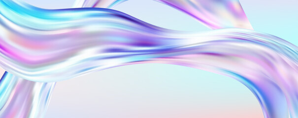 Poster - Abstract  holographic wave.Flow iridescent fluid.Dynamic spectrum ribbon.