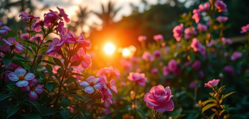 Wall Mural - dusk light bathes fragrant blooms in a vibrant green garden, peaceful serenity, botanical, aroma, vi