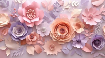 Poster - Delicate floral paper art with layered flowers in soft pink and purple tones showcasing intricate cutout details