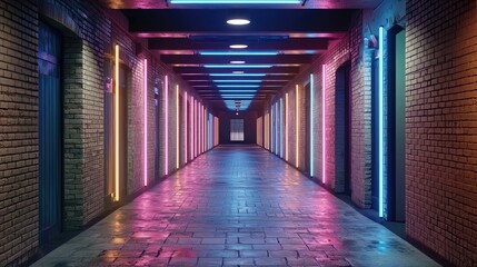 Poster - Deep neon alley with striking pink and blue lights cutting through dark brick textures.
