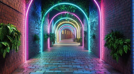 Poster - Deep neon alley with striking pink and blue lights cutting through dark brick textures.