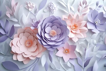 Poster - Detailed floral paper art composition showcasing soft pink and purple flowers with intricate cutout details on a soft, textured background
