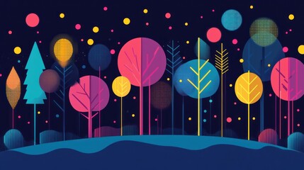 Colorful Night Forest, Abstract Winter Scene