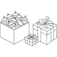 Poster - Gift Boxes with Decorative Ornaments in Box Holiday Gifts Presents. Black and white illustration of gift boxes and decorative ornaments in a box for holiday gifts and presents