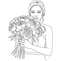 Poster - Woman holding flower bouquet with peonies in line art style vector illustration