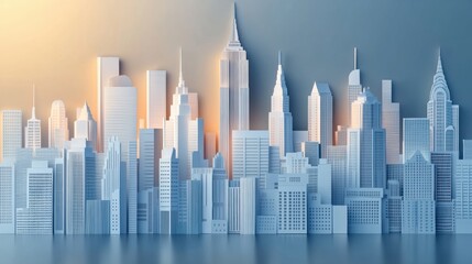 Poster - Stunning layered cut paper city skyline with soft lighting and modern urban buildings showcasing dynamic perspective Generative AI