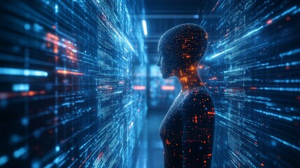 Futuristic Profile of a Digital Human in an Abstract Data Environment